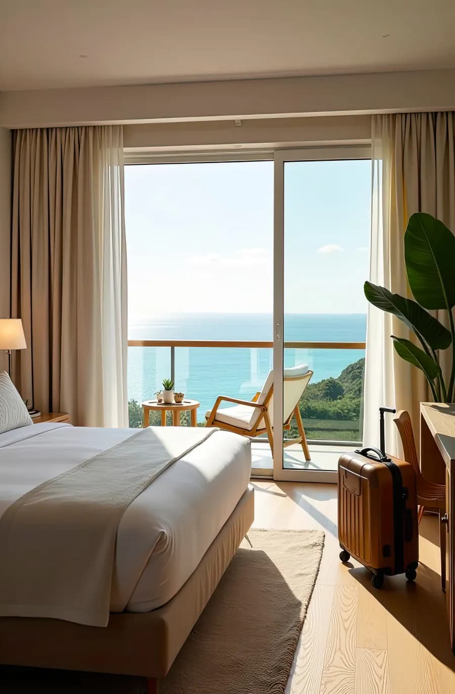 Bright hotel room with a balcony overlooking the sea